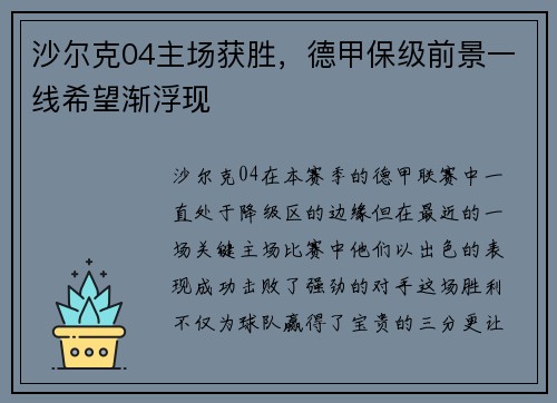 沙尔克04主场获胜，德甲保级前景一线希望渐浮现